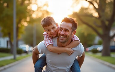 Joyful father giving piggyback ride to son on suburban street. High quality