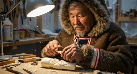 Elderly Inuit Artist Meticulously Carving Intricate Design