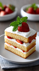 A slice of layered strawberry shortcake with whipped cream and a fresh strawberry topped with mint, served on a white plate.