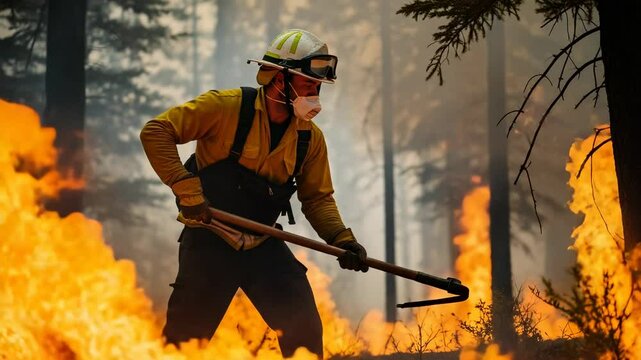Firefighter clad in protective gear and mask, wielding a pulaski axe, battling a fierce wildfire in a burning forest, dedicated to containing the raging blaze and ensuring safety