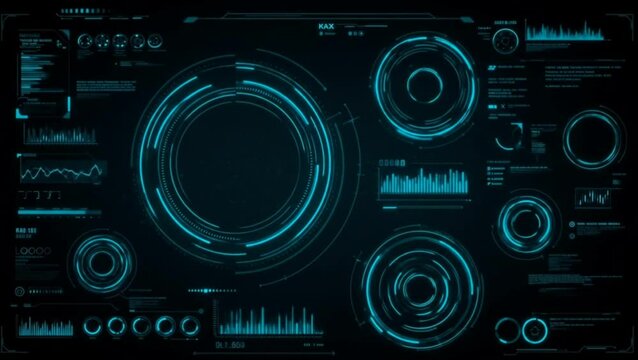 Futuristic user interface dashboard with glowing blue circular graphs and digital elements on dark screen background. Technology interface concept
