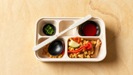 Bento Box Pad Thai with Condiments in Eco-Friendly Container