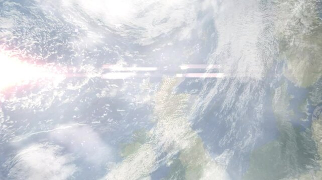 Earth zoom in from space and focus on Ullapool, Scotland, Highland, Great Britain. Background for travel intro or blog. Satellite view. 3D style Animation. Images from NASA.