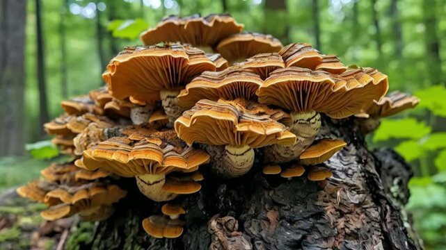 Turkey tail mushrooms growing on a tree trunk in the forest.