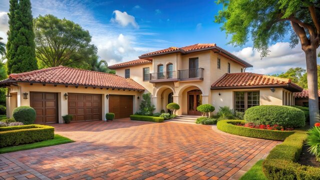 Traditional Mediterranean Revival style home with terracotta tile roof and a well-manicured paver driveway surrounded by lush greenery