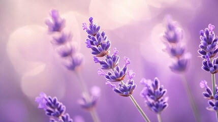 Obraz premium Close-up of vibrant purple lavender flowers in a soft-focus background.