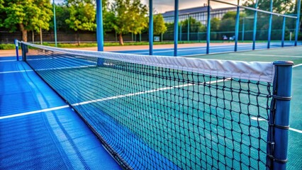 Blue net stretched out in the open space of a tennis court