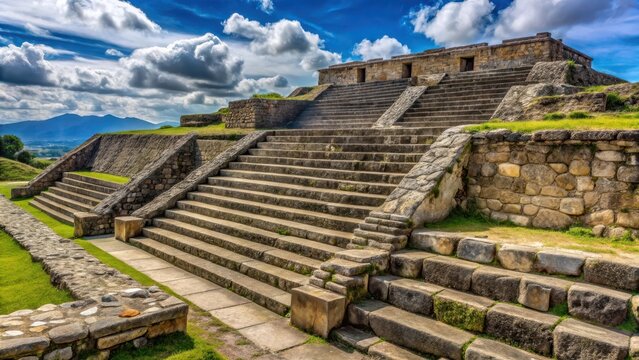 Ancient stone steps lead to a crumbling temple in the ruins of Monte Alban