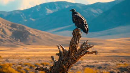 Vulture perched on a barren tree scanning an arid landscape