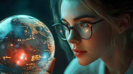 Woman with Glasses Analyzing Digital Data Globe