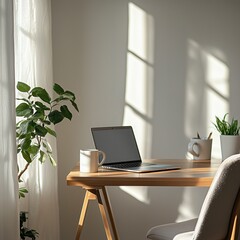Fototapeta premium Minimalist Scandinavian home office with laptop on wooden desk, coffee mug, indoor plant, cozy chair and white walls, bathed in soft natural daylight, remote work concept with shallow depth of field