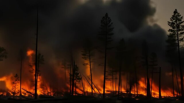 Forest Fire Burning with Flames and Smoke, Natural Disaster Scene of Wildfire