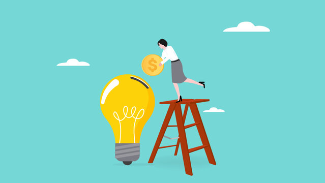 funding new innovative project, investing or VC venture capital to support business startup idea, raising funds to start a business, businesswoman inserts gold coins into business light bulb idea