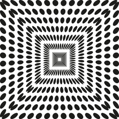 Vibrant square illusion. Concentric dot vector. Perspective tunnel pattern. Black white contrast.