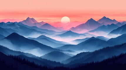 a tranquil landscape of mountainous terrain under a vast sky at sunrise or sunset