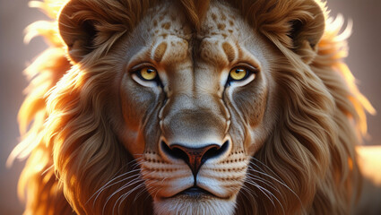 Naklejka premium A close up portrait of a majestic lion with golden eyes and a flowing mane in soft lighting