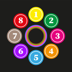 Colorful number circles. Digits one to eight. Round gradient icons. Vector numeric set.