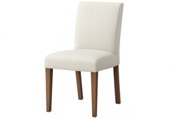 Sleek white dining chair featuring wooden legs, complementing contemporary home decor with minimalist design and clean aesthetic