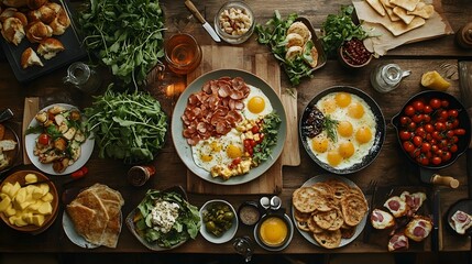 Fototapeta premium Overhead shot shows a rustic breakfast spread with eggs, bacon, vegetables, and bread on wooden table.