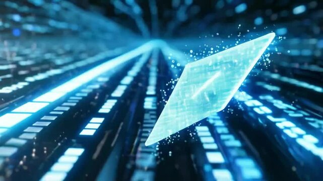 White arrow moving forward in a binary code stream.
