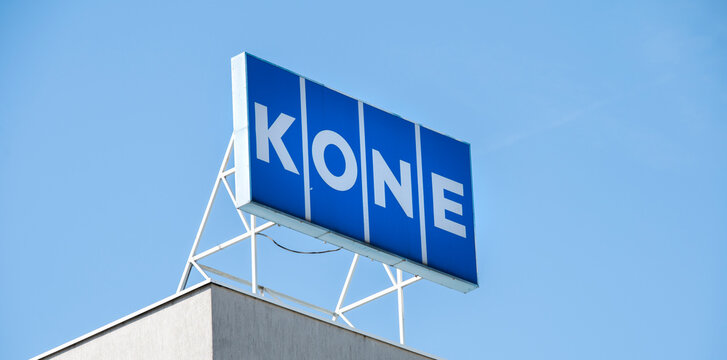 Bratislava, Slovakia - May, 10, 2025 : Kone sign on the building. Kone Oyj is a Finnish multinational elevator engineering company.