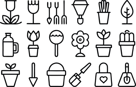 Gardening tool outline icons set featuring tulip and other gardening implements isolated on transparent background
