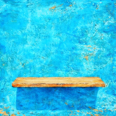Empty wooden shelf against textured blue wall, display background, product presentation