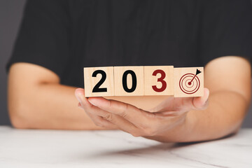 2030 goals concept with wooden blocks in hand showing future vision, target, and planning.