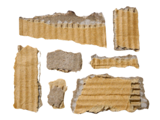 Pieces of torn or cut brown cardboard isolated design element on transparent background.