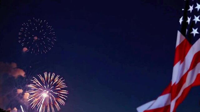 4K UHD Video of a July 4th Celebration With an American Flag and Fireworks in the Background