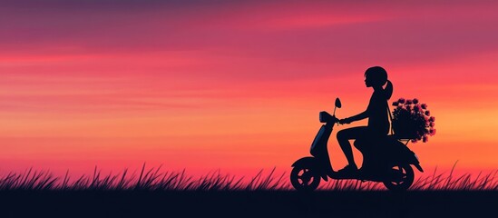 Silhouette of woman on scooter at sunset