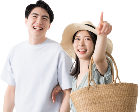 夏のカップルでお出かけやレジャーやリゾート旅行、使いやすい背景透明(png)の合成素材　新婚旅行や夏休みのイメージ　目指せ円安だけど海外旅行！