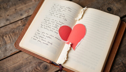 Open notebook with heart cutout and handwritten poetry on wood  