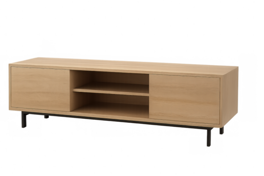 Light brown wooden tv stand featuring sliding doors and black metal legs, isolated on a transparent background - Powered by Adobe