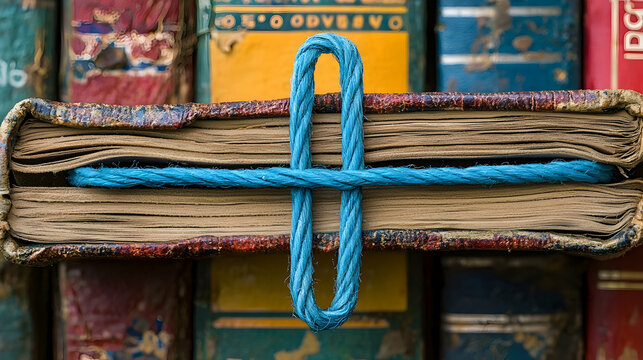 Vintage books tied with blue string, stacked high, close-up. Possible use Book lover, library, history, antique - Powered by Adobe