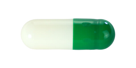 One green capsule pills isolated on white background.