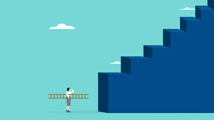 Fototapeta premium solutions to face the first steps that feel difficult, Smart businesswoman uses stairs to climb very large rung concept vector illustration