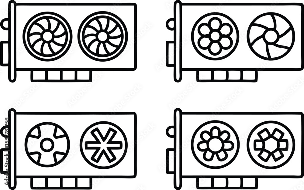 Fototapete gpu card and bitcoin hardware icon set isolated on transparent background