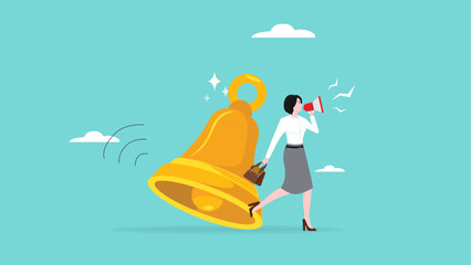 notification or announcement, Follow up customers on online business with notification to achieve sales targets, woman using megaphone standing next to big notification bell concept illustration
