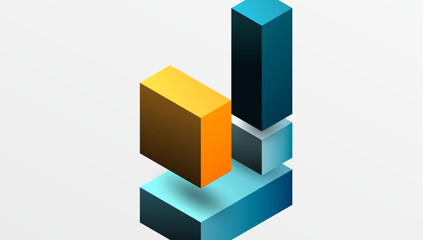 Abstract geometric shapes stacked. Blue, orange, gold colors create modern design. Minimalist composition, clean lines, subtle shadows.
