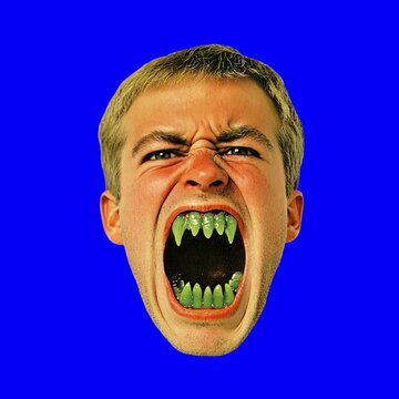 Fierce monstrous human face animation, transparent 4K video, green screen