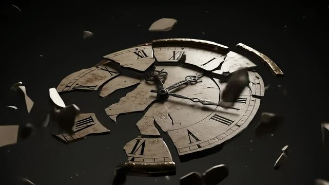 A shattered clock representing the passage of time, decay, and the concept of breaking points