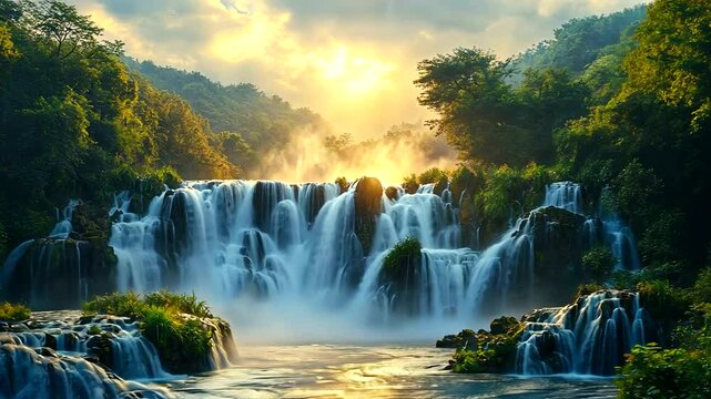 Serene waterfall cascading through lush green landscape