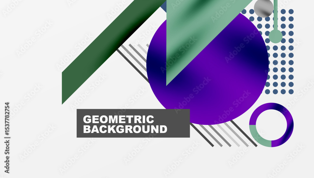 Poster Abstract geometric composition. Purple, green, gray shapes overlap. Modern design elements create dynamic visual effect. Simple, clean aesthetic.