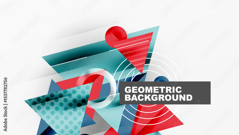 Poster abstract geometric shapes overlap, creating dynamic composition. blue, red, teal hues dominate desig