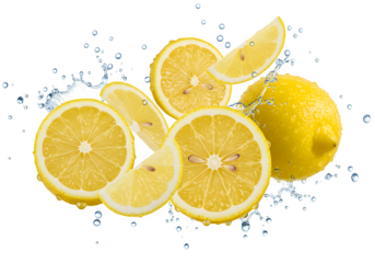 Floating Lemon Slices and Whole Fruits, Isolated on White or Transparent Background