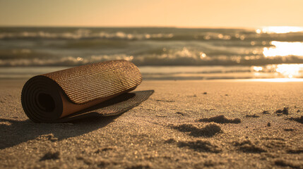 Yoga mat on sunset beach with ocean waves, peaceful golden hour serenity