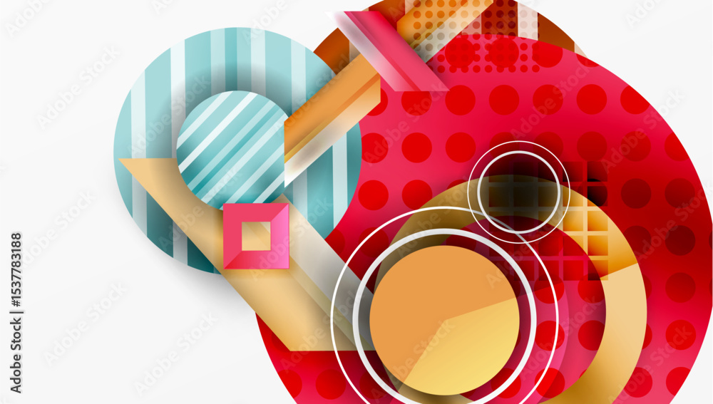 Poster Abstract geometric shapes overlap. Red, gold, blue hues dominate composition. Modern design elements create dynamic visual effect.