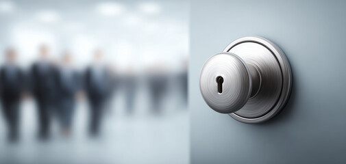 Metal door knob keyhole security office business modern safety privacy technology blurred people