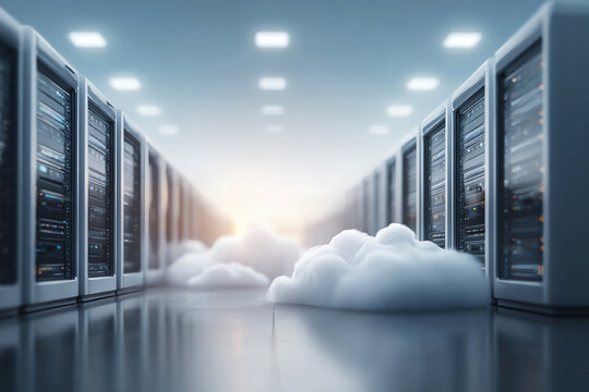 Cloud computing server room with modern data center racks, digital cloud symbol, and bright lighting, representing innovative technology
